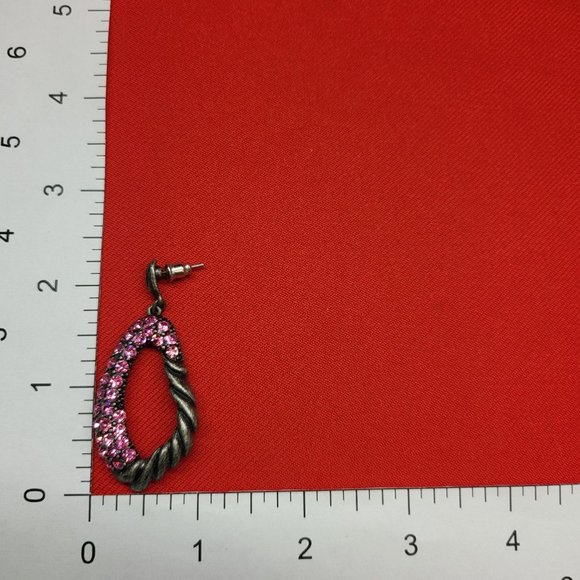 Drop Dangle Earring Pewter Silver with Pink Rhinestones - Picture 6 of 12